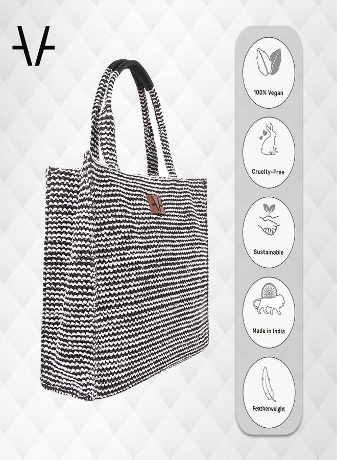 Avake Monochrome Mosaic Hand Bag with Raffia and Vegan Leather Accents | Fits 14-Inch Laptop | Stylish & Durable | Lightweight Shoulder Bag for Work, Travel & Daily Use | Made in India - Image 4